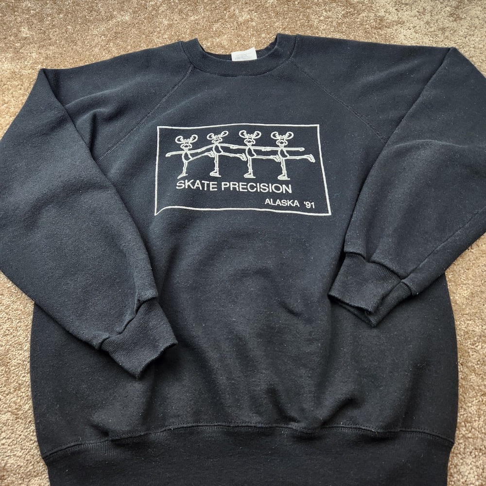 Vintage 1991 Hanes Alaska Skate Precision Moose Sweatshirt Black Large USA Made